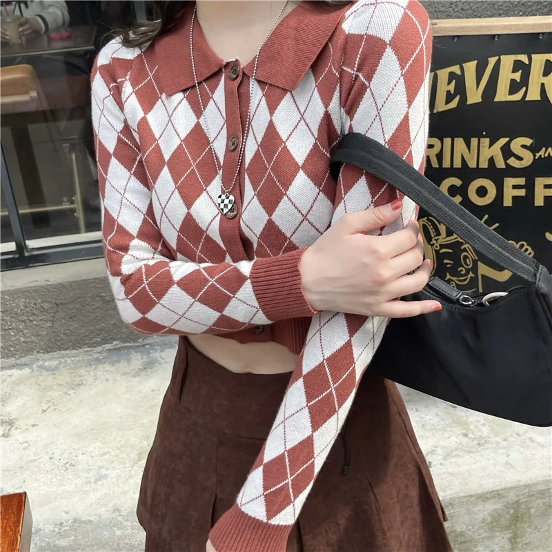 

Vintage School Style Argyle Crop Cardigans For Women Autumn Winter New Chic Long Sleeve Single Breasted Knitting Blouse Sweater