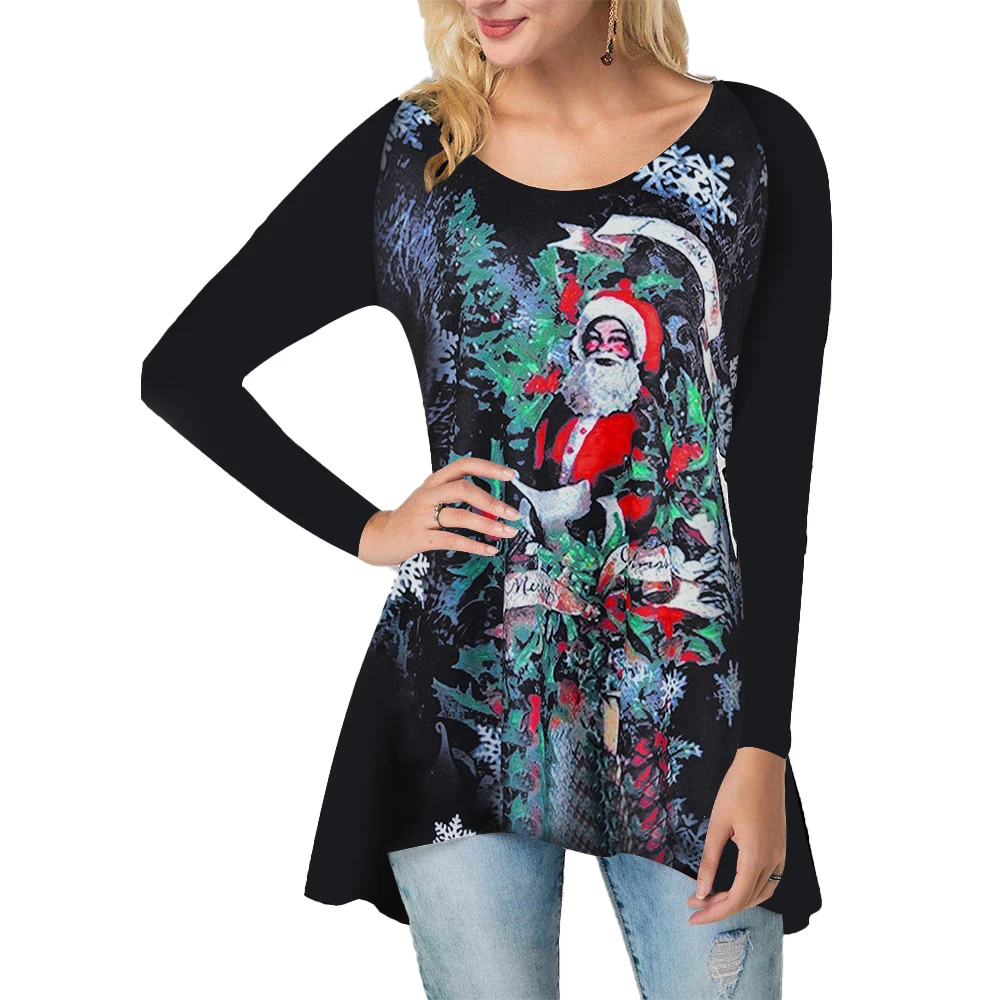 

Christmas Women Santa Claus Print T shirts Round Neck Tops Pleasted T shirt Long Sleeves Loose Vintage Party New Year Pullover