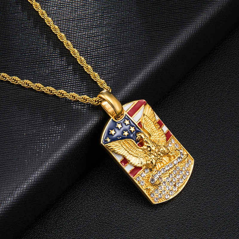 Хип хоп Iced Out Bling американский флаг с орлом проложили стразом из нержавеющей стали