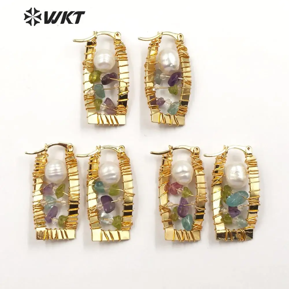 WT-E589 WKT, несколько цветов, серьги с натуральным жемчугом, позолоченные, покрытые проволокой, овальные серьги с жемчугом, модное ювелирное изделие для женщин