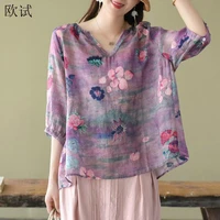 oversized floral blouse 2021 summer women 34 sleeve loose vintage print cotton blouses tops femme bluse