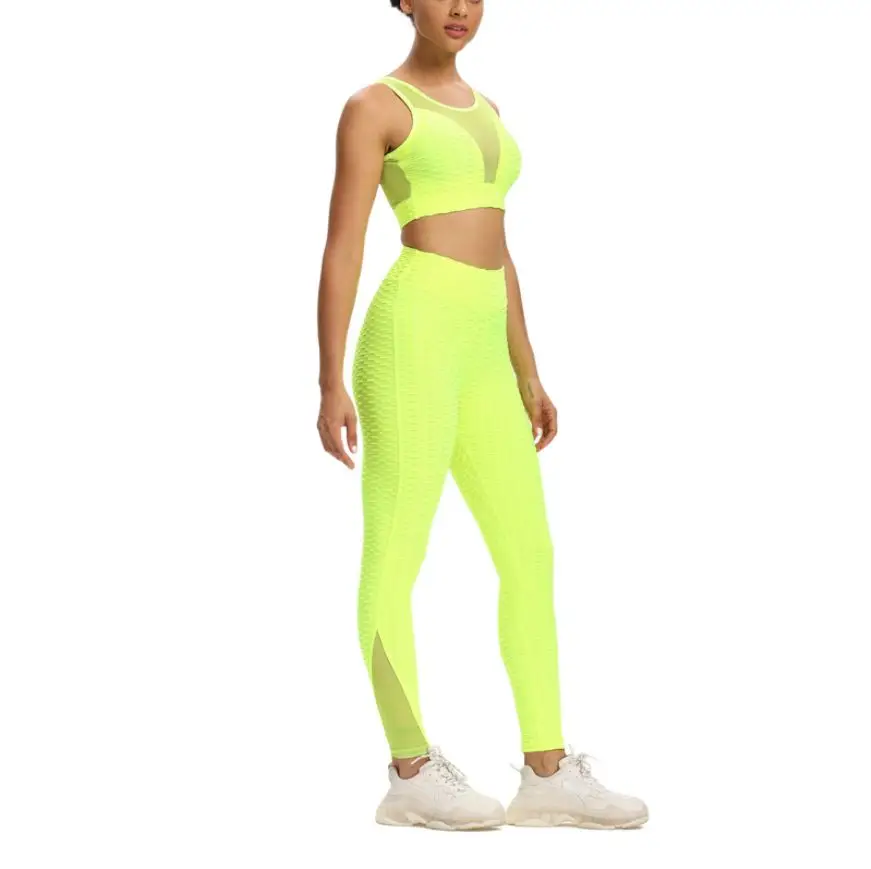 

2 Pieces Women Summer Yoga Tracksuit Solid Color O-Neck Vest High-Waist Leggings Suit for Girls 5 Colors