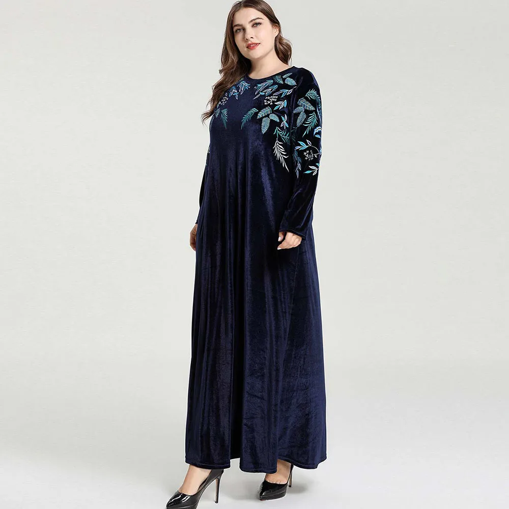 Зимнее мусульманское платье с вышивкой для женщин длинный рукав исламский Дубай