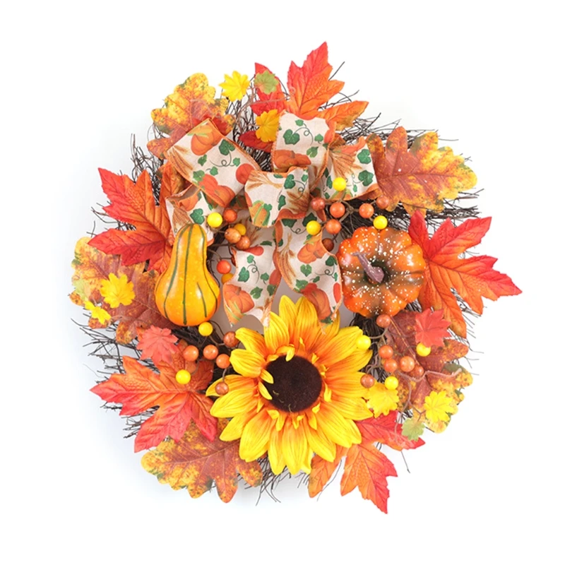 

Autumn Wreath Artificial Maple Leaf Pumpkin Sunflower Door Wreath Fall Garland for Halloween Thanksgiving Ornament