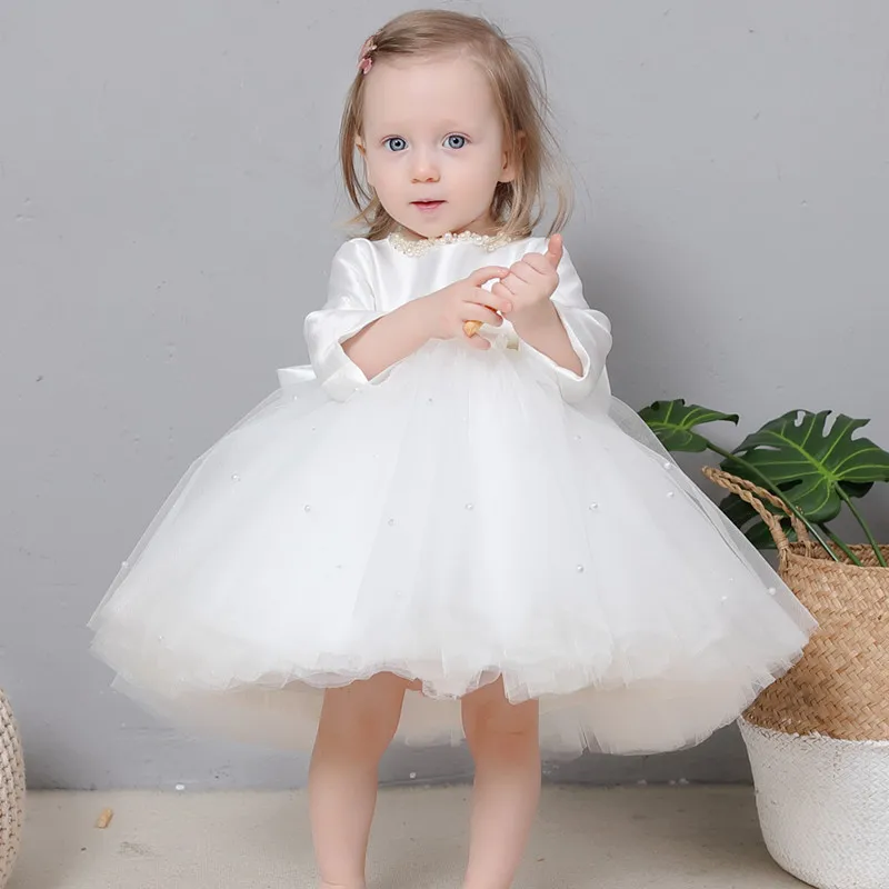 

2021 beading baby princess dress children long sleeve spring veil girls birthday evening wedding dress
