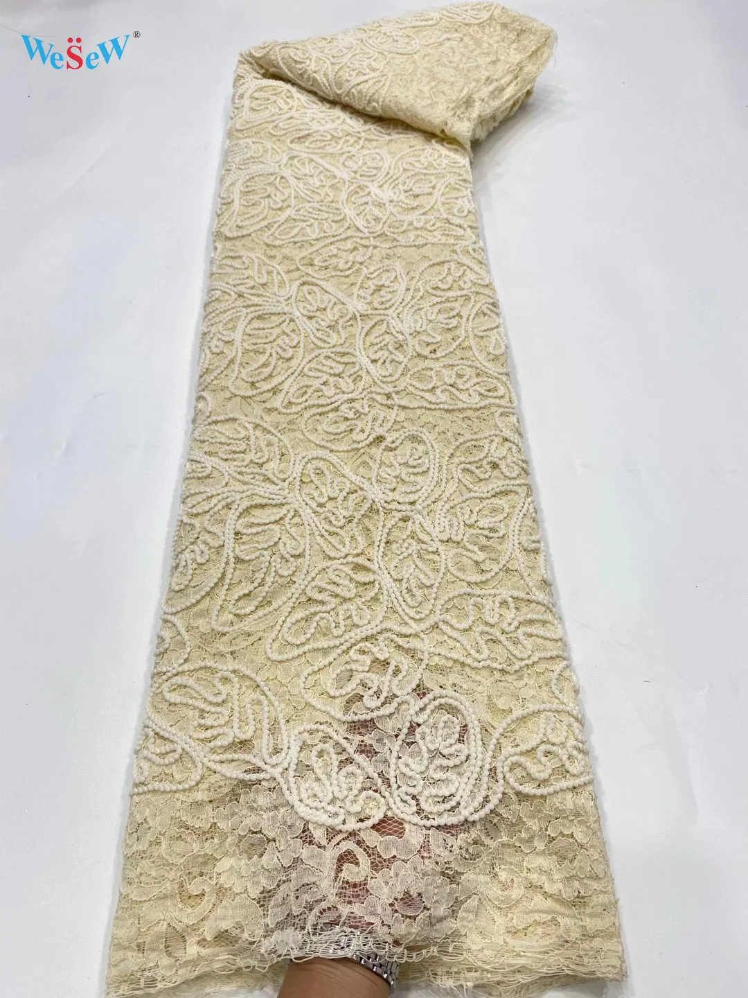 

Оптовая продажа, ярко-бежевая кружевная ткань из тюля с вышивкой хорошего качества для вечерние него/свадебного платья EDPN02