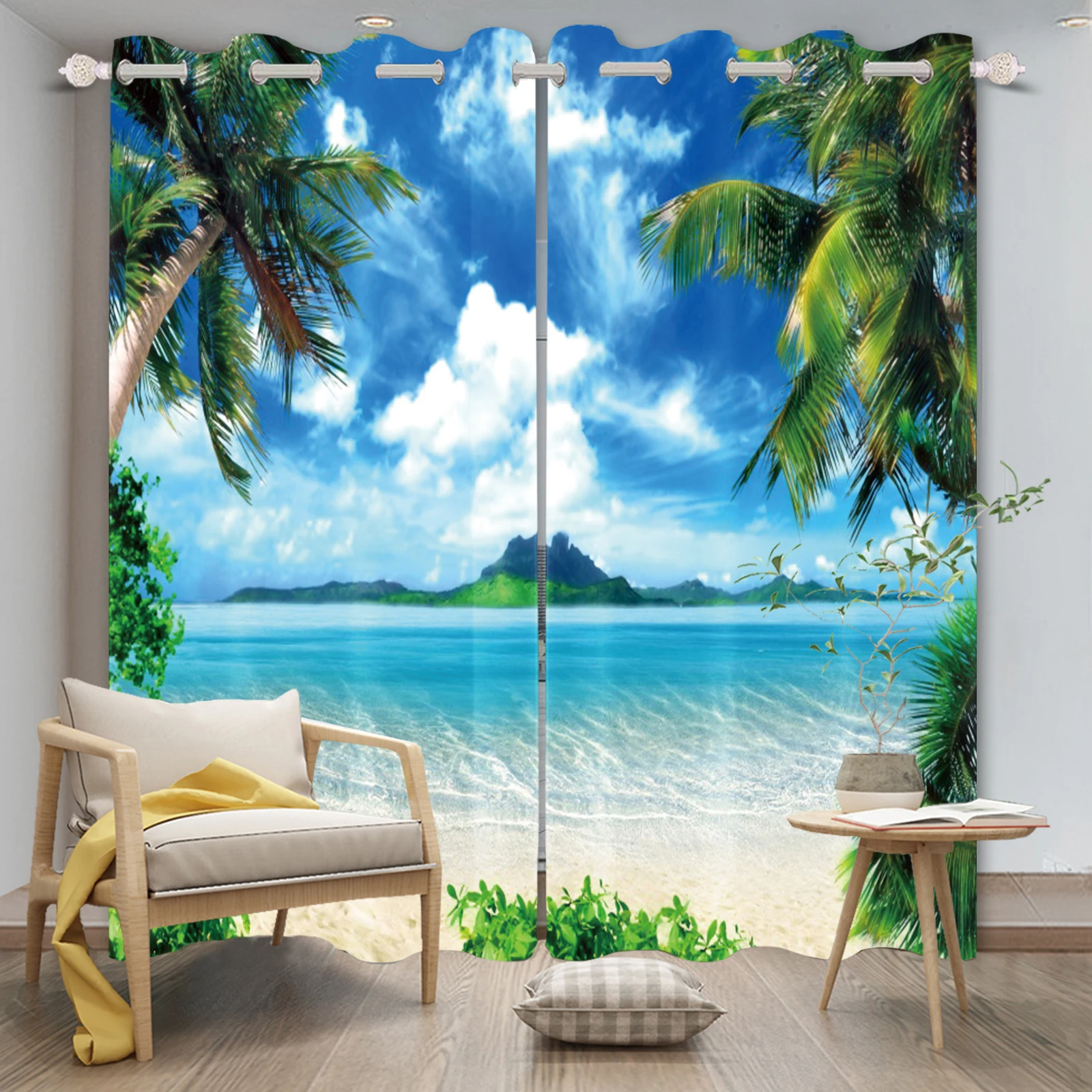 

Seaside Beach Scenery 3D Printing Curtains Coconut Tree Printed Cortinas For Living Room Bedroom Sunshade Insulation Drapes