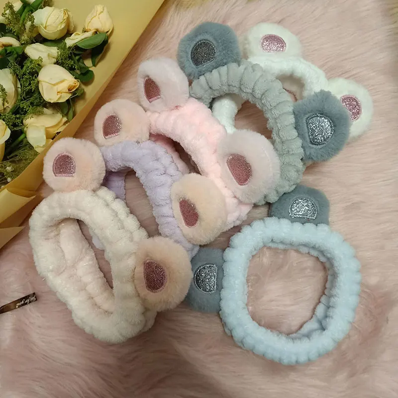 

Lovely Trendy Bear Ear Contrast Color Headband Korean Style Sweet Cartoon Hair Accessories Sequin Embroidery Plush Headband