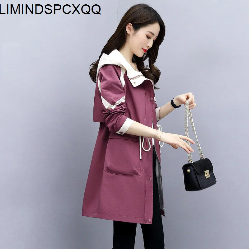 

Kurtki 2021 Korean Style Clothes Spring Ladies Jacket Fashion Long Windbreaker Loose Casual Thin Hooded Slim Temperament Zipper