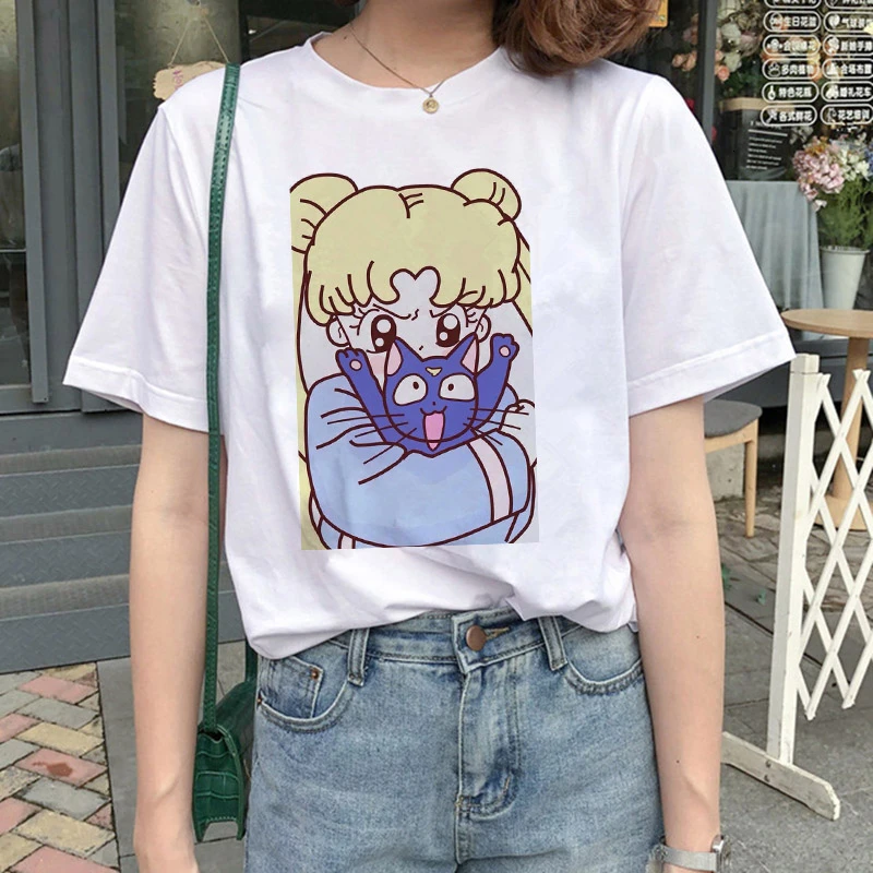 

funny T Shirt Harajuku clothes Tshirt Aesthetic cat Anime Women Cute Female T-shirt Kawaii Tees Fashion Ullzang