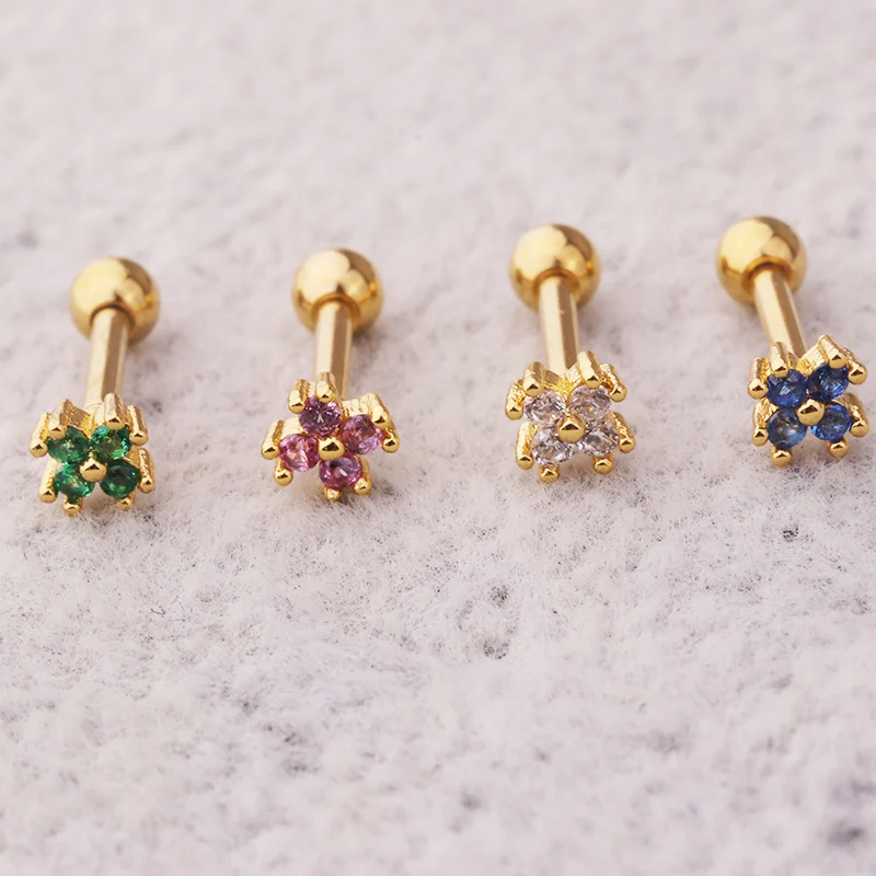 Sellsets 1 Piece 16g new arrival green pink blue CZ tiny flower women ear daith tragus rook helix piercing studs jewelry | Украшения и