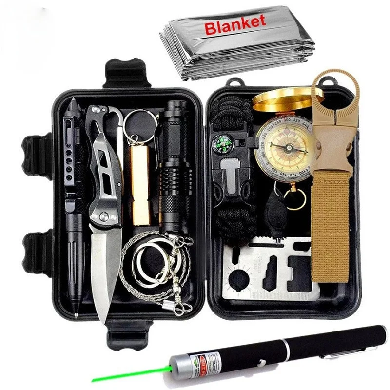 

Survival kit set military outdoor travel mini camping tools aid kit emergency multifunct survive Wristband whistle blanket knife