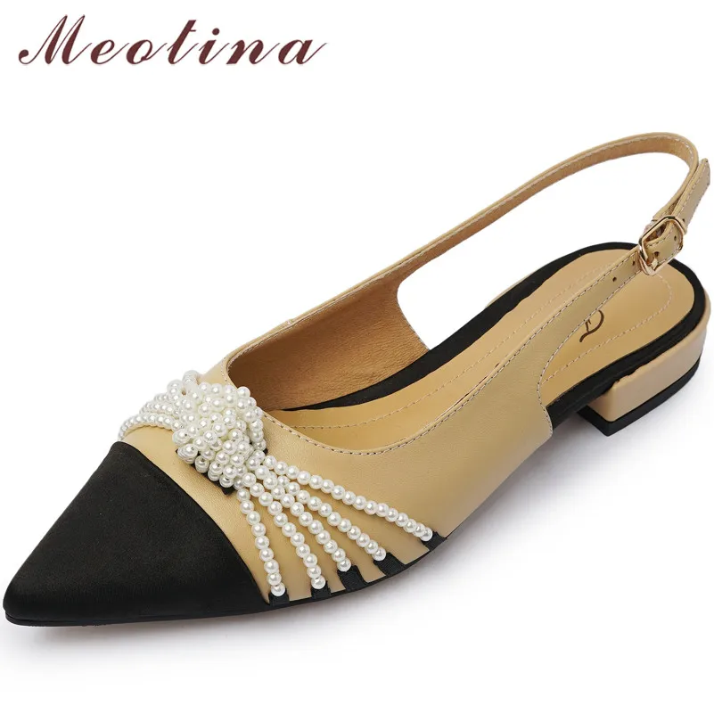 

Meotina Slingbacks Shoes Women Real Leather Low Heels Pearl String Bead Thick Heel Pumps Buckle Pointed Toe Ladies Footwear 39