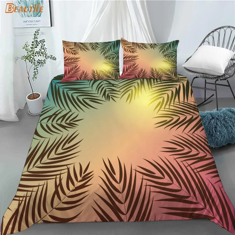Juego de ropa de cama con estampado de hojas de palmera, edred&oacute;n de 3 piezas con dise&ntilde;o sin costuras, funda de almohada, Textiles para el hogar, 1009-4