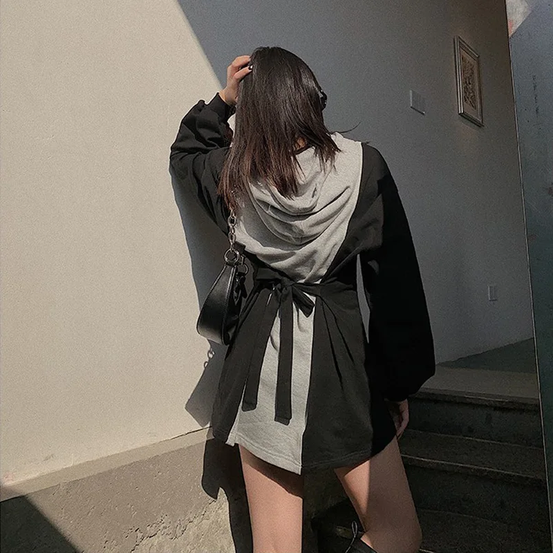 

Back Strap Sweatshirts Color Contrast Sweatshirt Spliced Loose Women Oversize Hoodies Sweatshirts Dress Waistband Hooded Dress