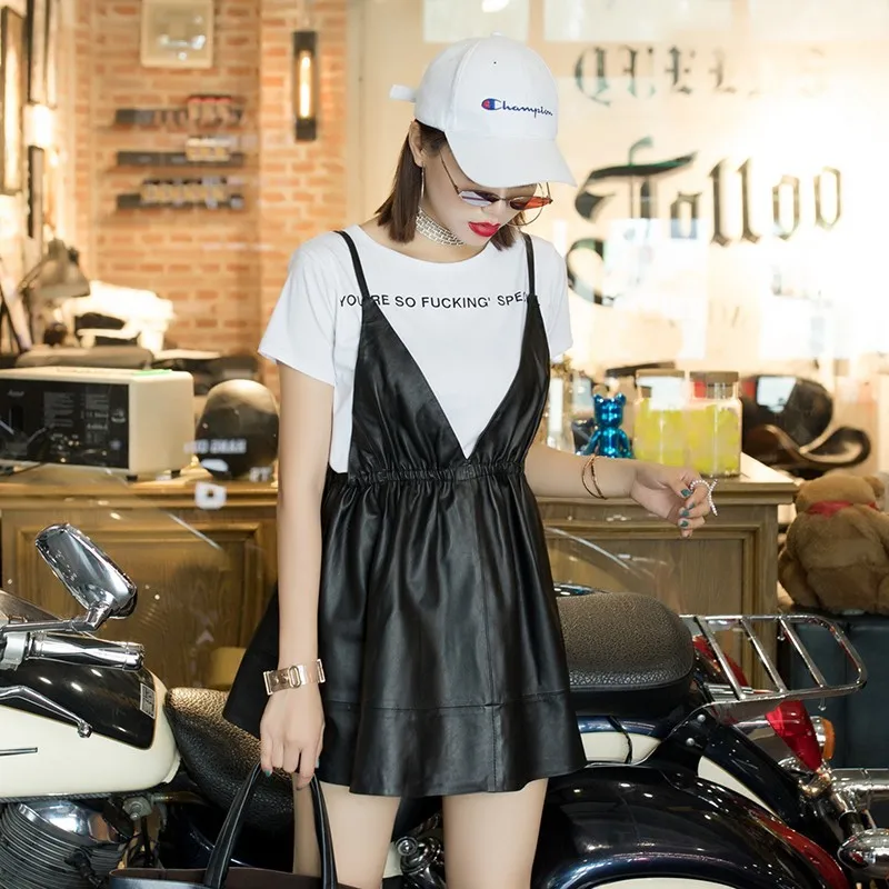 Spring Autumn Genuine Leather Dress Women 2020 New Sexy V-Neck Fashion Loose Fit Sheepskin A-Line Casual Clothes | Женская одежда