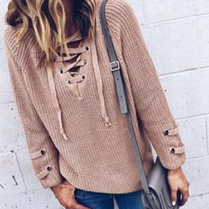 

2020 Autumn Pullovers Women Knitted Lace-up Sweater Striped Bandage Cross Ties Knitwear V Neck Loose Casual Long Jumper Womens