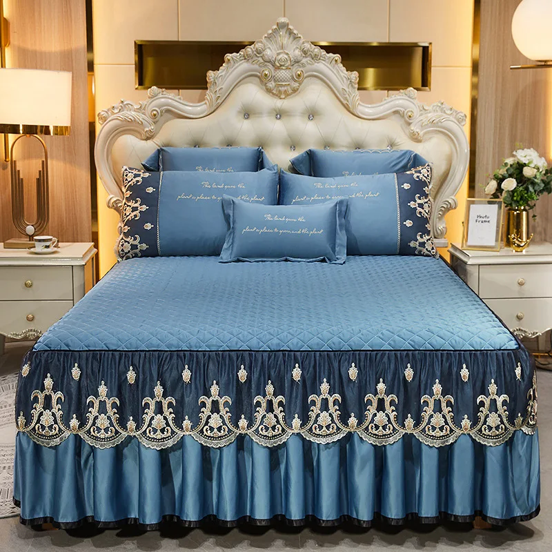 New Lace Bed Skirt Bedding Set Luxury Machine Washable Non Slip Embroidery Bedspread for Queen/King Size Bed Decor Home Textiles