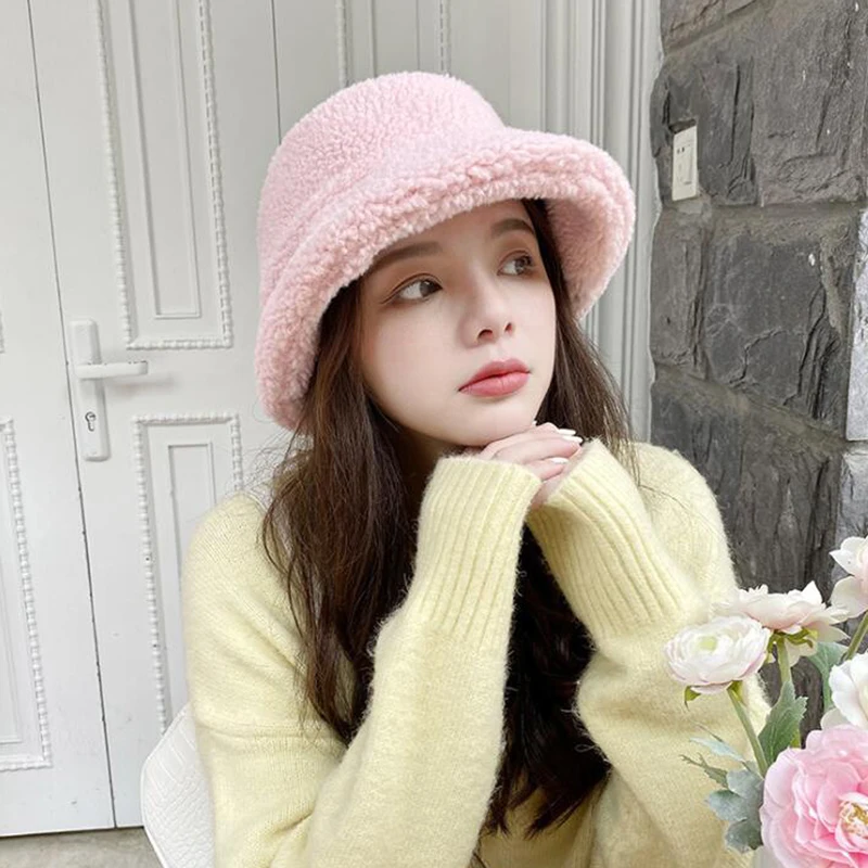 Winter Warm Teddy Velvet Hats for Women Lady Thicken Bob Panama Outdoor Fisherman Hat Caps Lamb Faux Fur Bucket | Аксессуары для