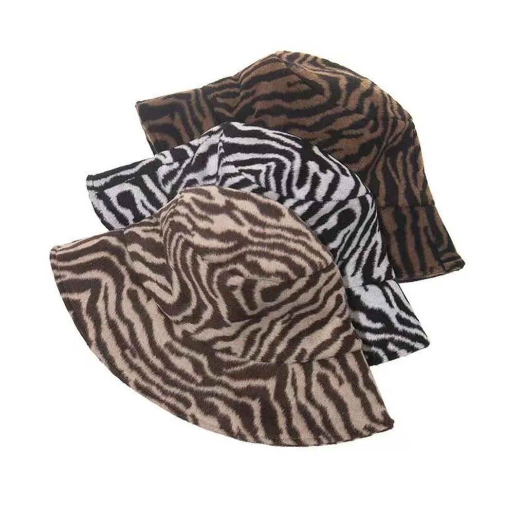 

Autumn and Winter Neutral Zebra Pattern Wild Casual Thickened Artificial Fur Warm and Windproof Fluffy Dome Fisherman Hat