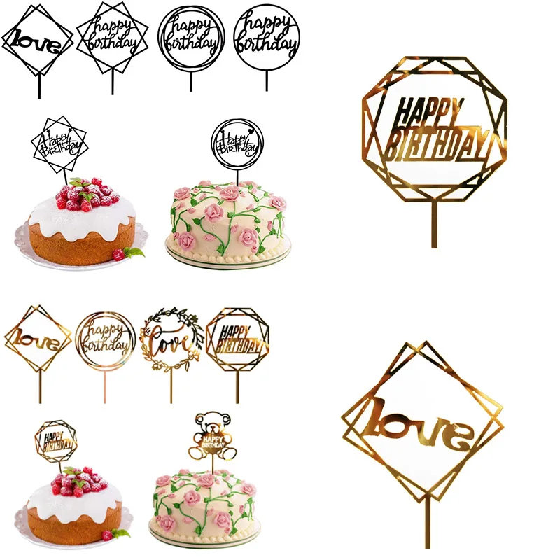 

Birthday Cake Card Happy Birthday Cake Topper Golden Acrylic Birthday Party Dessert Decoration for Baby Shower Baking Supplies