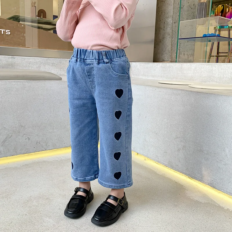 

Children's Jean Pants 2021 Spring and Autumn Girl Wide Leg Denim Pants Korean Love Print Loose Trousers for Baby Girl Kids Jeans