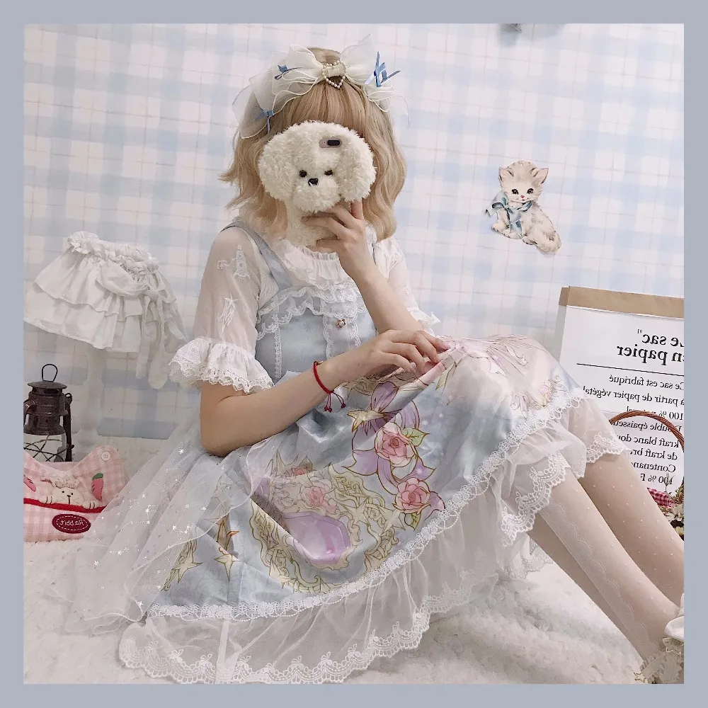 Kawaii/платье в японском стиле «Лолита»; мягкое милое красивое платье на бретелях для девочек; Сетчатое летнее платье