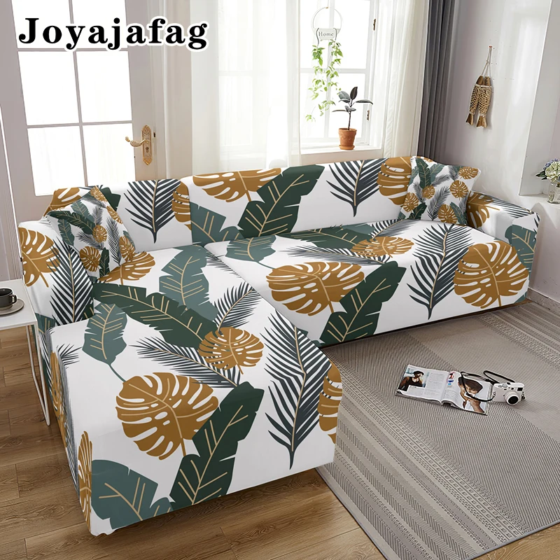 

Stretch Sofa Cover For Living Room Leaves Print Full Wrapped Furniture Protector L Shape Corner Elastic Couch Covers