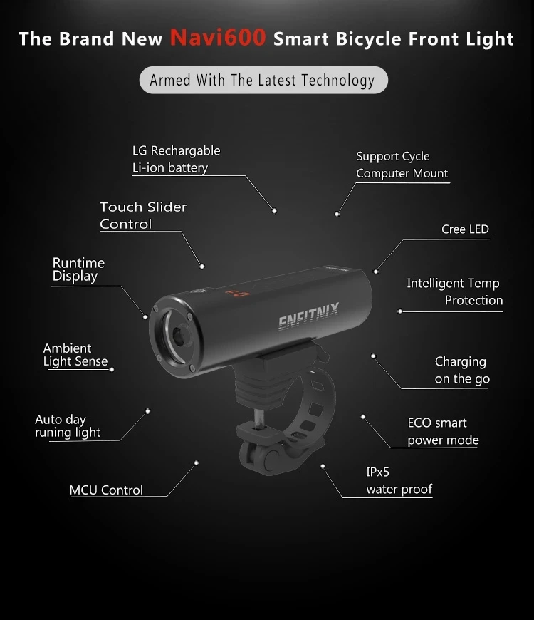 

Enfitnix Navi800 USB Charge Night Cycling Headlight Road Bike Smart Flashlight Intelligent Cycle Front Light MTB Rear Light Set