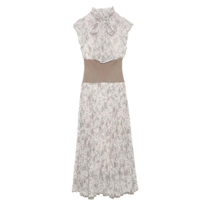 

Japanese Half High Collar Little Flying Sleeve Print Screw Thread Splicing Empire Dresses 2021 Spring Woman Clothing