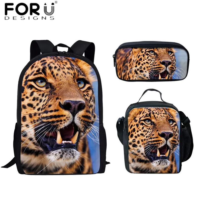 FORUDESIGNS/зимние леопардовые 3D школьные рюкзаки в виде животных, для женщин и детей, 3 шт./компл., рюкзаки, сумка для еды, пеналы для мальчиков, портфель - Цвет: HMA352CGK