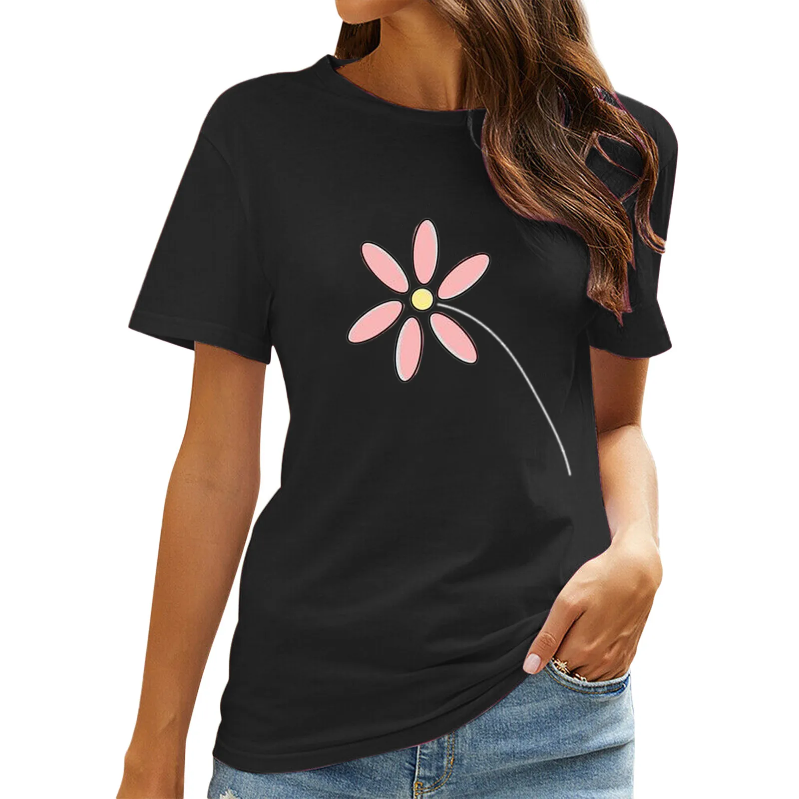 Женская футболка с круглым вырезом принтом и коротким рукавом|Футболки| |