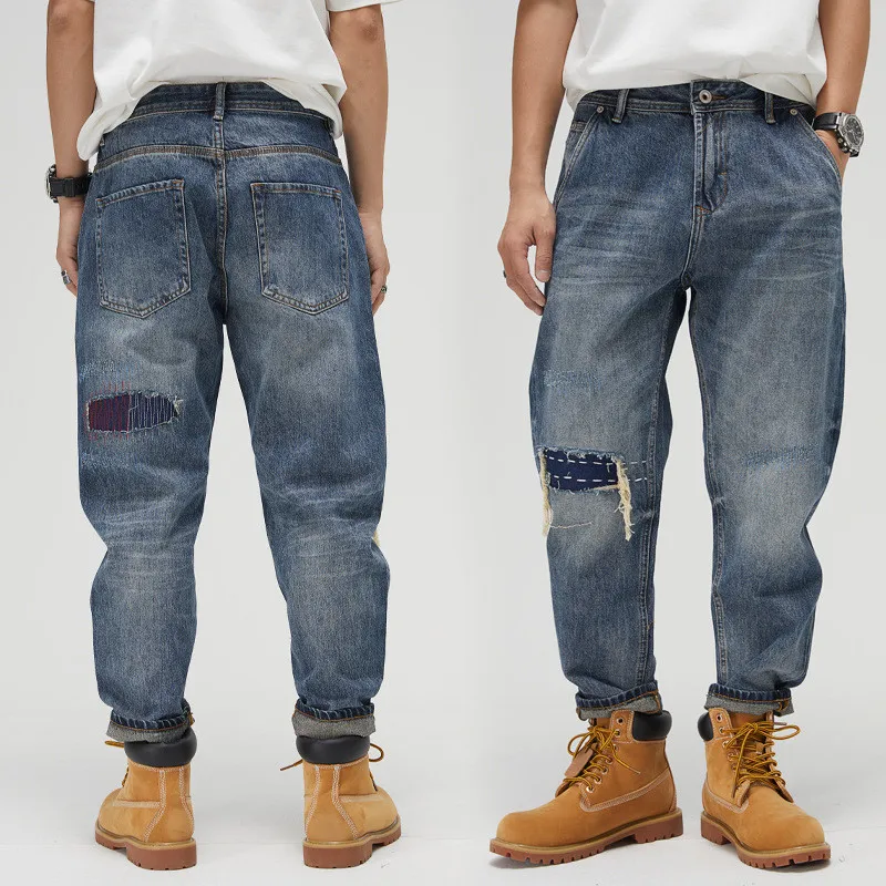 

MORUNCLE Men's Fashion Vintage Cargo Jeans Pants With Patches Retro Ripped Tactical Denim Trousers Washed Blue Plus Size 28-40