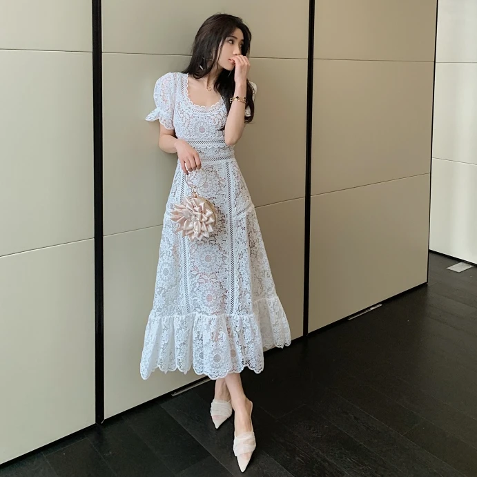 

2021 New Fashion Elegant Solid Lace Hollow Out Dress Women's Flared Sleeves Vintage Green Summer Dresses Vestidos