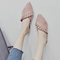 2021 spring and summer new thin flat heels pointed toe ruffled toe suede mules flat bottomed womens sandals and slippers