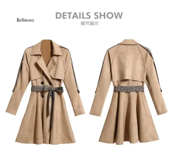 Тренчкот женский с лацканами модное элегантное тонкое платье цвета хаки бантом