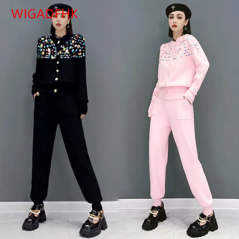 

2022 Autumn And Winter New Fashion Knit Suit Women Hot Drill Knit Cardigan Sweater Casual Pants Western Style Two-piece Suit