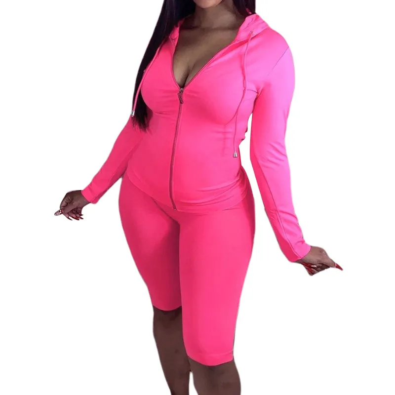 

Women\u2019s Summer Outfit, Solid Color Zipper Long- Sleeves Hoodie Top + Elastic Waist Shorts Suits for Ladies