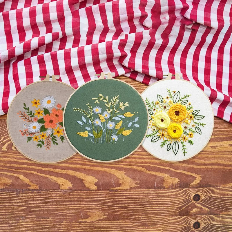 

DIY Stamped Embroidery Starter Kit with Flowers Plants Pattern Cloth Color Threads Tools