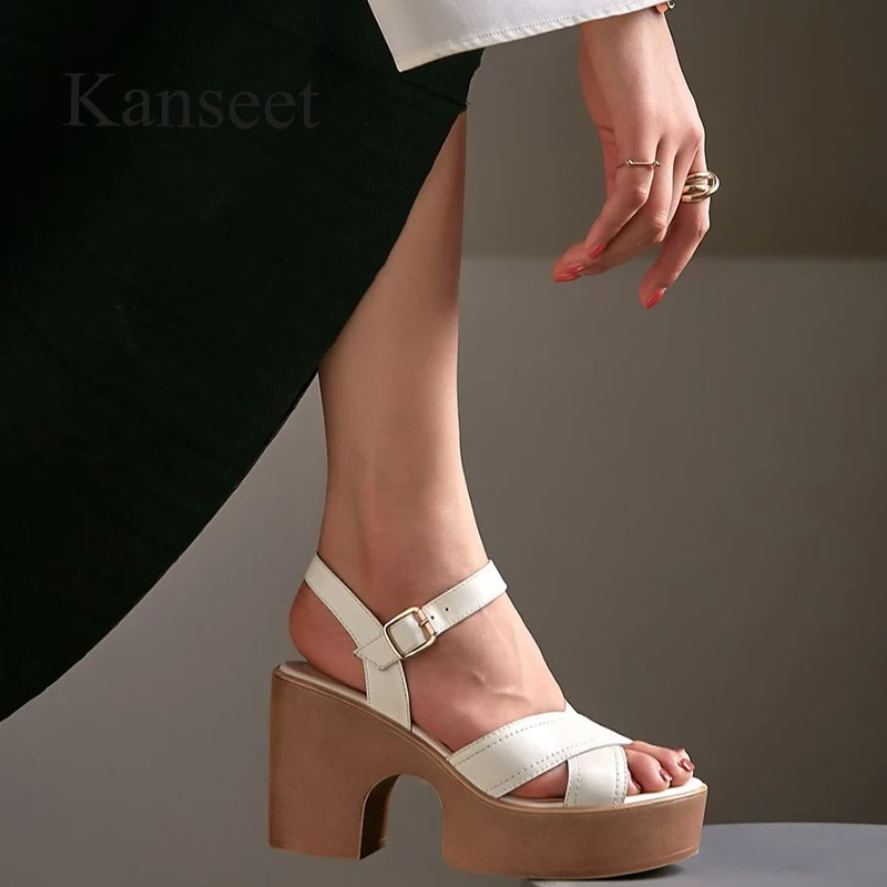 Kanseet Women Sandals Genuine Leather Shoes Thick High Heel Sandals Round Toe Ladies Buckle Strap Summer 2021 Platform Footwear