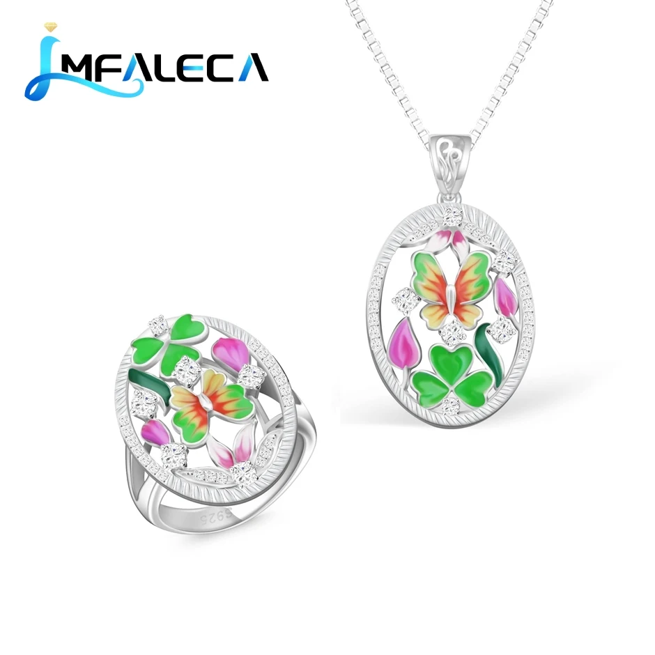 

LMFALECA Authentic Silver Necklace Ring Set for Women Enamel Butterfly Flowers 925 Sterling Silver Pendant Fine Wedding Jewelry