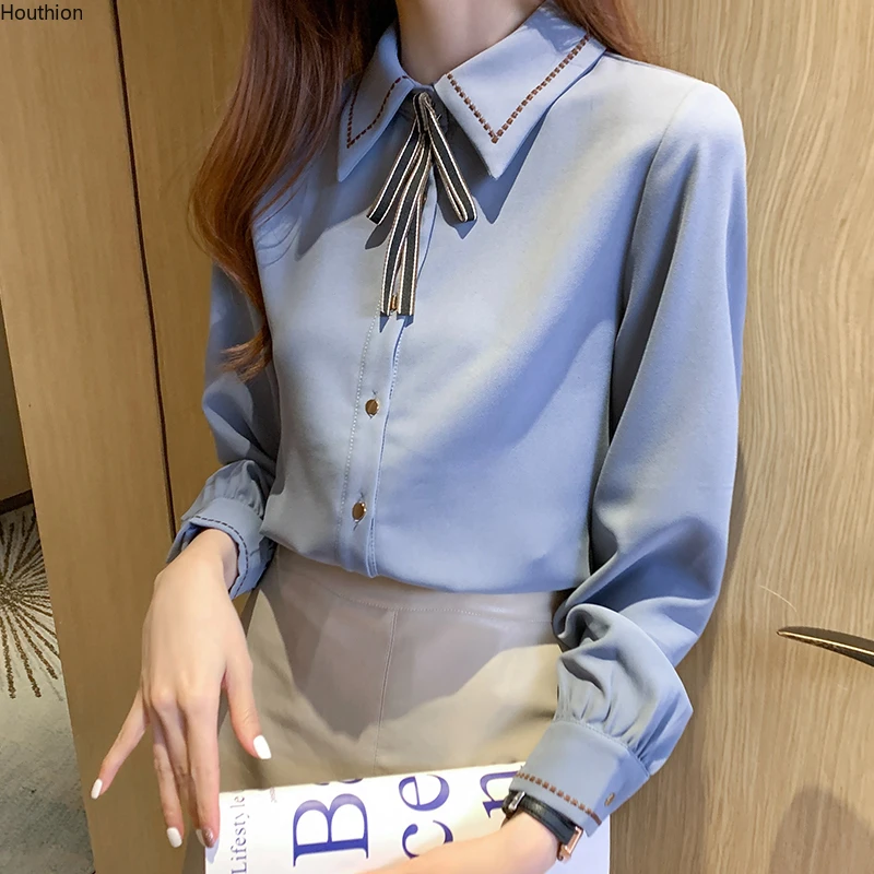 

Women's Blouses Chiffon Polo Shirt Shirts Slim Solid Fashion Top Long Sleeve Tops Lady Casual Blouse Buttons Houthion