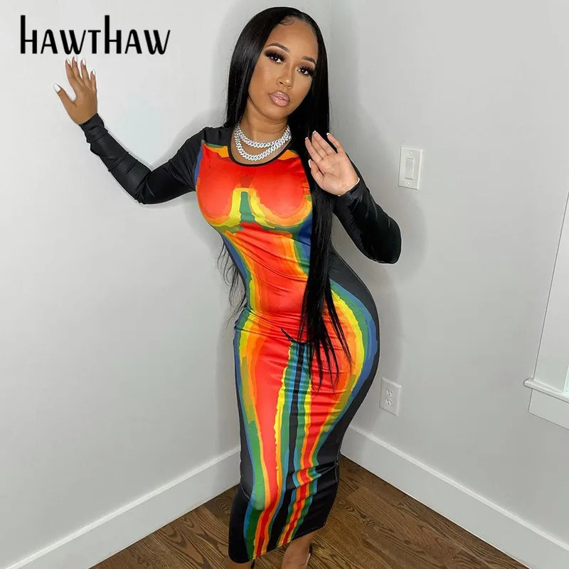 

Hawthaw Women Autumn Long Sleeve Bodycon Printed Pencil Midi Dress 2021 Fall Wholesale Lots Bulk Clothes Streetwear Dropshipping