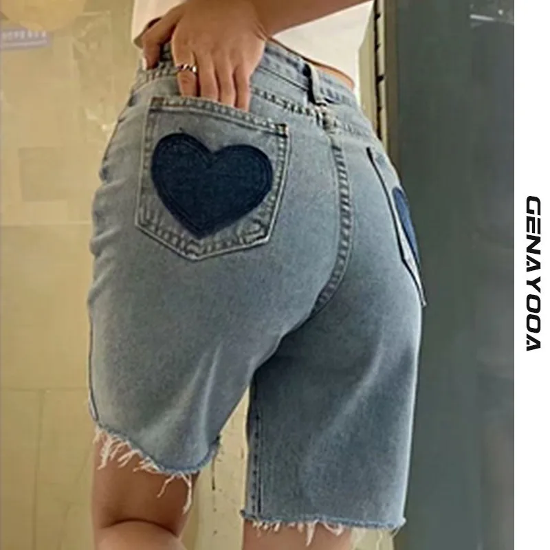 

Genayooa Streetwear Heart Print Biker Shorts Women Korean Style High Waist Denim Shorts Jeans 2021 Summer Cool Fashion