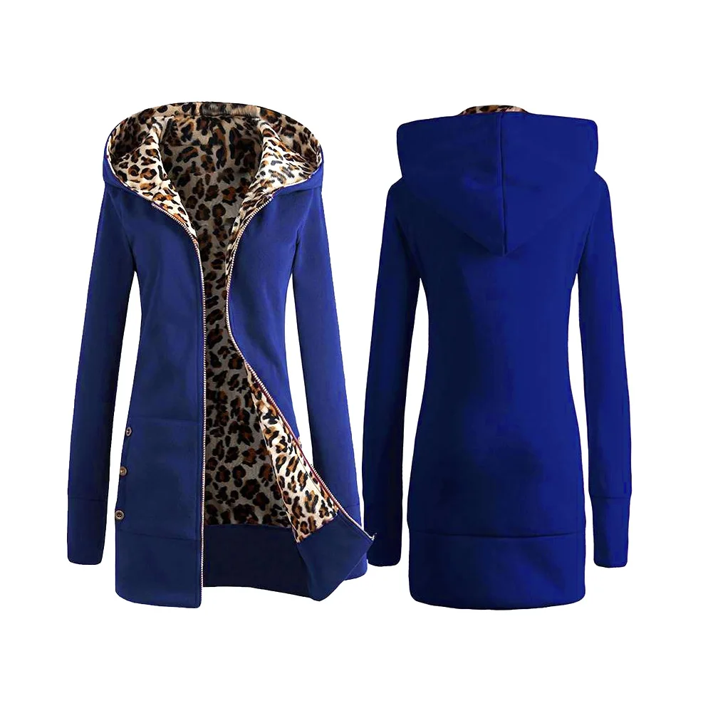 New Women Autumn Winter Overcoat Leopard Zipper Hooded Long Sleeves Fleece Lined Slim Fit Jacket Casual Elegant C55 | Женская одежда