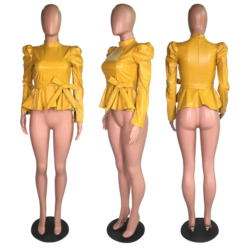 Adogirl/однотонный топ с баской из искусственной кожи; коллекция года; сезон осень-зима; водолазка с длинными рукавами-фонариками; Модная Повседневная рубашка с поясом; женская одежда
