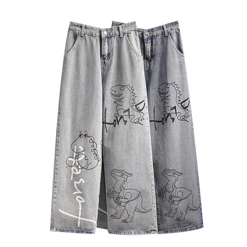

Summer Vintage Cute Jeans Woman Long Trousers Cowboy Female Loose Streetwear Dinosaur Print Pants Funny Harajuku Pants Female