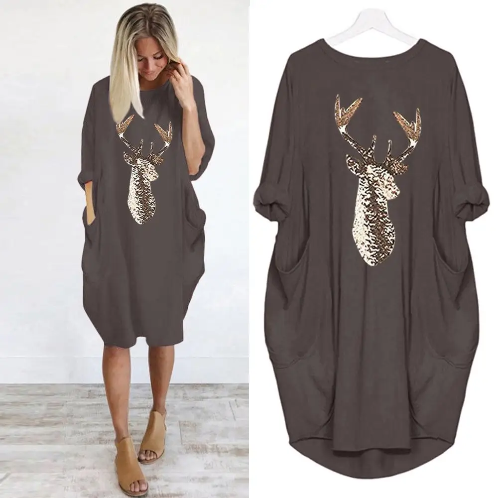 Large Size Women Casual Dresses Fashion O Neck Long Sleeve Chrismess Elk Printed Pocket Autumn Winter Loose T-shirt Dress Female | Женская