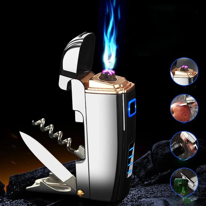 

Multifunctional Rechargeable Lighter with Wine Corkscrew New and Unique Creative USB Double Arc Cigarette Lighter Gift for Men