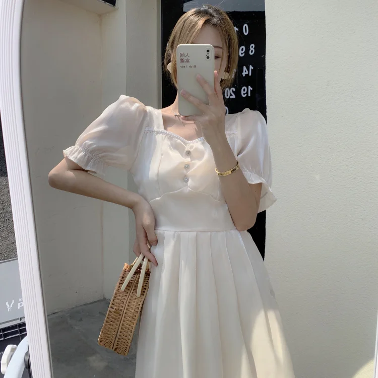 

COIGARSAM Cute Chiffon Women dress New Summer French Style Puff Sleeve Mesh Dresses Apricot 3456